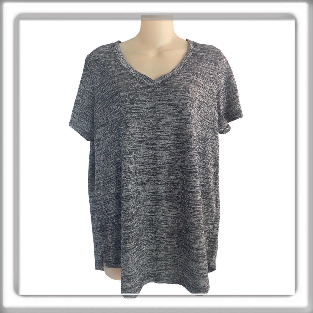Athleta Breezy Scoop V-Neck Tee Shirt Short Sleeve Navy Gray Size Large